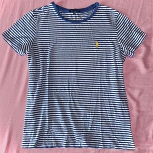 Blue White Striped Boyfriend Tee with Yellow Emblem by Ralph Lauren